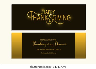 Hand drawn Happy Thanksgiving lettering typography invitation. Celebration quotation on textured background for postcard, icon, card, logo, badge. Vector golden glitter calligraphy text