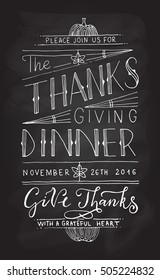 Hand drawn Happy Thanksgiving lettering typography invitation poster.Celebration quotation on textured background for postcard, icon, card, logo, badge.Vector calligraphy text on blackboard background