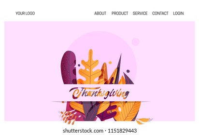 Hand drawn Happy Thanksgiving typography banner for landing page. Celebration text with leaves for postcard, icon or badge. Vector calligraphy lettering holiday quote