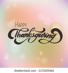 Hand drawn Happy Thanksgiving typography lettering poster. Celebration quote on textured background for postcard, icon, logo or badge. Autumn celebration vector vintage calligraphy text with wreath