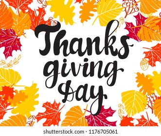 Hand drawn Happy Thanksgiving typography poster. Celebration text on frame from maple leaves for postcard, icon or badge. Vector calligraphy lettering holiday quote