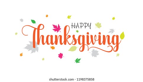 Hand drawn Happy Thanksgiving typography poster. Celebration text with berries and leaves for postcard. Vector calligraphy lettering holiday quote