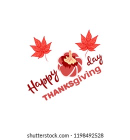 Hand drawn Happy Thanksgiving typography poster. Celebration text with berries and leaves for postcard, icon or badge. Vector calligraphy lettering holiday quote