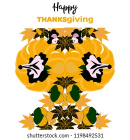 Hand drawn Happy Thanksgiving typography poster. Celebration text with berries and leaves for postcard, icon or badge. Vector calligraphy lettering holiday quote