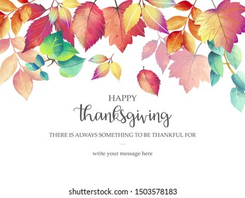 Hand drawn Happy Thanksgiving typography . Celebration text with leaves for postcard, icon or badge. Vector calligraphy lettering holiday quote