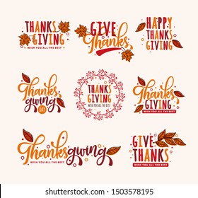 Hand drawn Happy Thanksgiving typography . Celebration text with leaves for postcard, icon or badge. Vector calligraphy lettering holiday quote