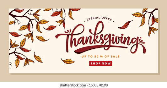 Hand drawn Happy Thanksgiving typography . Celebration text with leaves for postcard, icon or badge. Vector calligraphy lettering holiday quote