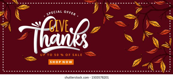 Hand drawn Happy Thanksgiving typography . Celebration text with leaves for postcard, icon or badge. Vector calligraphy lettering holiday quote