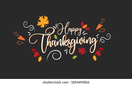 Hand drawn Happy Thanksgiving typography poster. Celebration text with berries and leaves for postcard, icon or badge. Vector calligraphy lettering holiday quote