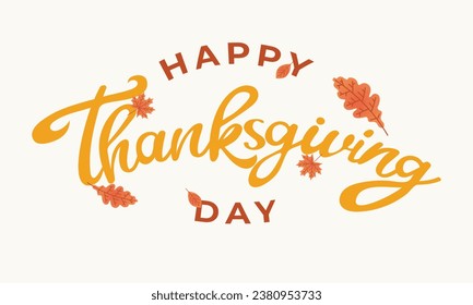 Hand drawn Happy Thanksgiving typography poster. Celebration text with leaves for postcard, icon or badge. Vector calligraphy lettering holiday quote