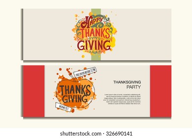 Hand drawn Happy Thanksgiving typography poster. Celebration quotation for postcard, icon,invitation, card, logo or badge. Vector vintage calligraphy text on pumpkin watercolor background with ribbon