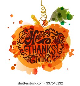 Hand drawn Happy Thanksgiving typography poster. Celebration quotation on textured background for postcard, card, icon, logo, badge. Vector vintage calligraphy text with pumpkin watercolor background