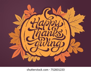 Hand drawn Happy Thanksgiving typography poster. Vector vintage style autumn calligraphy. Lilac lettering with orange maple leaves.