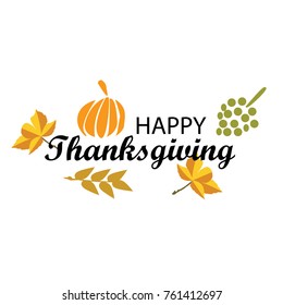 Hand drawn Happy Thanksgiving typography poster. Celebration quotation for card, postcard, event icon logo or badge. Vector vintage style autumn calligraphy. Grey Lettering with red maple leaves