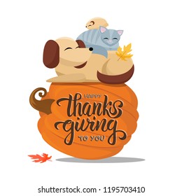 Hand drawn Happy Thanksgiving to you typography poster with flat cartoon vector illustration cat sleeps comfortably on dog, hamster sleeps on cat. Full animals sleep on a large pumpkin