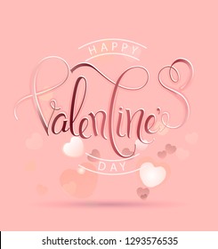 Hand drawn Happy Valentines Day typography and romantic love background with blur heart-shaped bokeh effect. Celebration quotation for poster, web design, banner, card, invitation, postcard, event