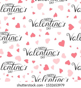 Hand drawn happy valentines day lettering seamless pattern. Vector isolated romantic background with hearts for wrapping paper.