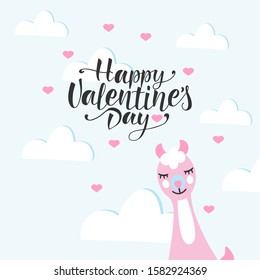 Hand drawn HAPPY VALENTINES DAY typography poster. Black lettering with pink alpaca on clouds background. Vector illustration in flat cartoon style. Perfect for card, postcard, flyer, poster, banner.