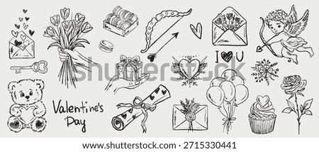 Hand drawn happy Valentines day symbols. Lovely bear, cupid with bow and arrow, love letters, bouquet with flowers. Vector sketch illustration in vintage crayon charcoal style