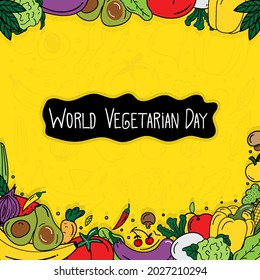 hand drawn happy vegetarian day banner. doodle vegetarian day. health food concept. vector illustration