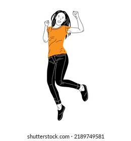 hand drawn happy woman jumping and happy