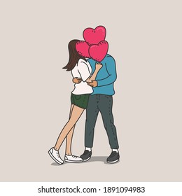 Hand drawn happy young couple with heart balloons, Romance, Valentine's Day concept. Cartoon comic style.