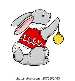 Hand drawn hare with a Christmas tree ball. Vector illustration. Year of the rabbit