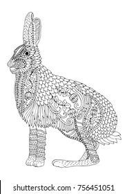 Hand drawn hare. Sketch for anti-stress adult coloring book in zen-tangle style. Vector illustration  for coloring page.