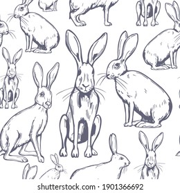 Hand drawn hares on white background. Vector seamless pattern 