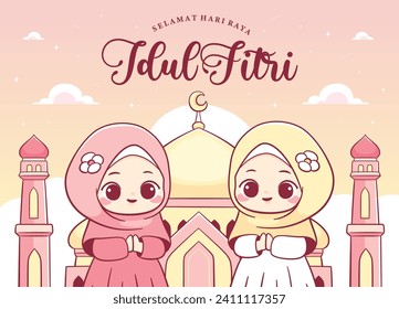 Hand drawn hari raya Idul fitri or eid mubarak greeting poster banner