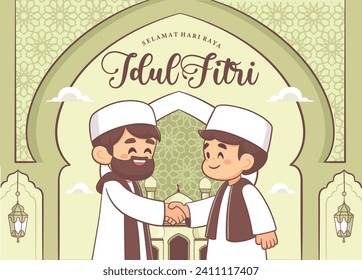 Hand draw hari raya Idul fitri o eid mubarak con la gente musulmana disculpándose entre ellos