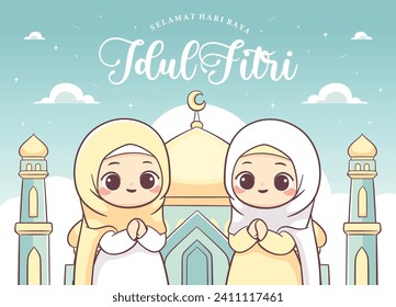 Hand drawn hari raya Idul fitri or eid mubarak celebration greeting poster