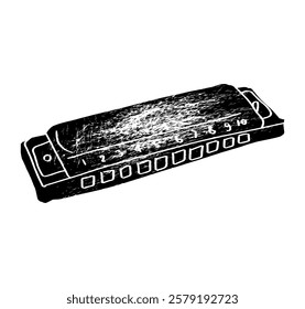 Hand Drawn Harmonica Illustration. Textured Vector. Isolated on White Background