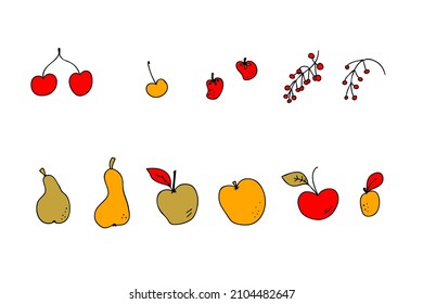 Hand drawn harvest fruits icons collection. Perfect for poster, stickers and print. Doodle vector illustration for decor and design.



