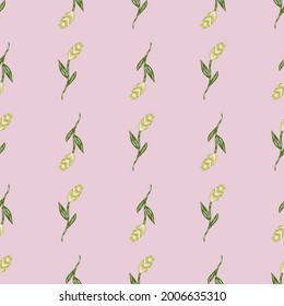 Hand drawn harvest seamless pattern with green little ear of wheat silhoettes. Pastel pink background. Graphic design for wrapping paper and fabric textures. Vector Illustration.