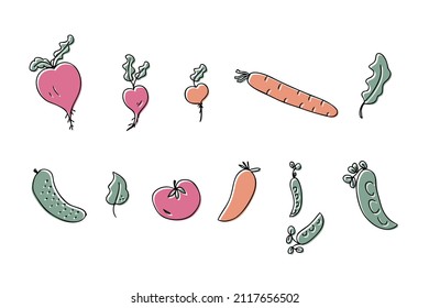 Hand drawn harvest vegetables icons collection. Perfect for poster, stickers and print. Doodle vector illustration for decor and design.



