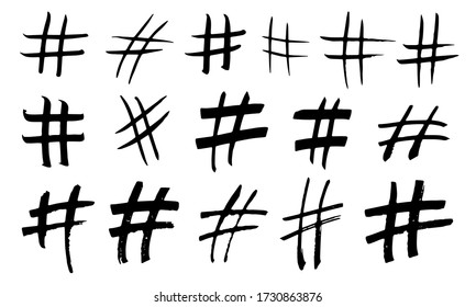 Hand drawn hashtag collection. Black grunge communication sign. 