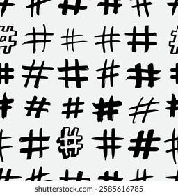 Hand Drawn Hashtag Grunge Ink Seamless Pattern. Freehand drawing hashtag pattern. Network and Communication Background. T-shirt, wrapping and textile design texture. Number sign, hash, or pound sign.