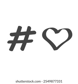 Hand drawn Hashtag with  heart shape. Love followers. Vector illustration