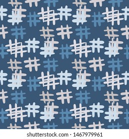 Hand drawn Hashtag icon seamless pattern. Simple style backdrop on blue background. Vector illustration
