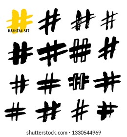 Hand drawn hashtag set isolated on white background. Trendy grunge communication sign for logo, blog