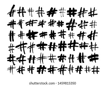 Hand drawn hashtag signs isolated on white background. Trendy grunge communication sign for logo, blog, social network, internet application. Ink vector illustration. Clip art for social media.