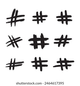 Hand drawn hashtag signs isolated on white background. Sign in grunge style cell. Pictures for social networks. Vector graphics of youth