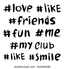 Hand drawn hashtags on white background. Social media icons set. 