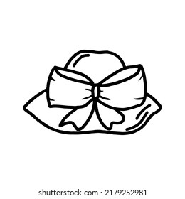 Hand drawn hat with bow in doodle style. Summer hat icon for web design isolated on white background.