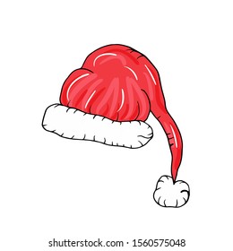 A hand drawn hat for Christmas and New Year. Santa hat for decoration  holiday cards and invitations to the winter holidays. Isolated on white.