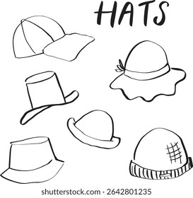 hand drawn hat doodles, set of hand drawn illustrations
