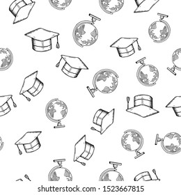 Hand Drawn hat and globe doodle. Sketch style icon. Decoration element. Isolated on white background. Flat design. Vector illustration.
