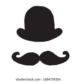 Hand drawn hat and mustache. Retro style, vector illustration.