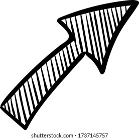 Hand drawn hatched arrow icon. Sign or symbol Isolated on white background. Black and white drawing. Vector illustration.